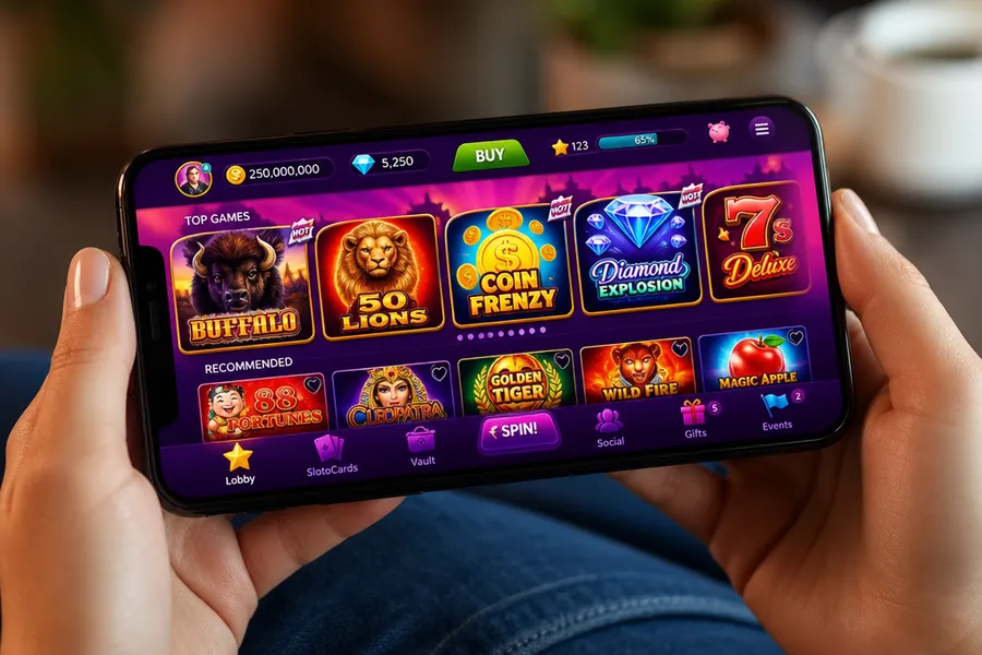 Interface lobby mobile Slotomania solde et récompenses