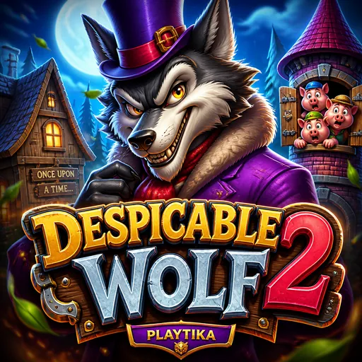 Visual of the Despicable Wolf 2 game with wolf, nighttime forest, and game title