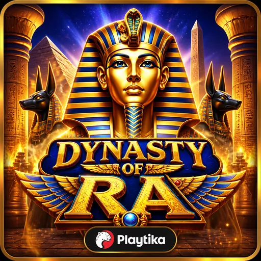 Visual of the Dynasty of Ra game with pyramids, pharaoh, and displayed title